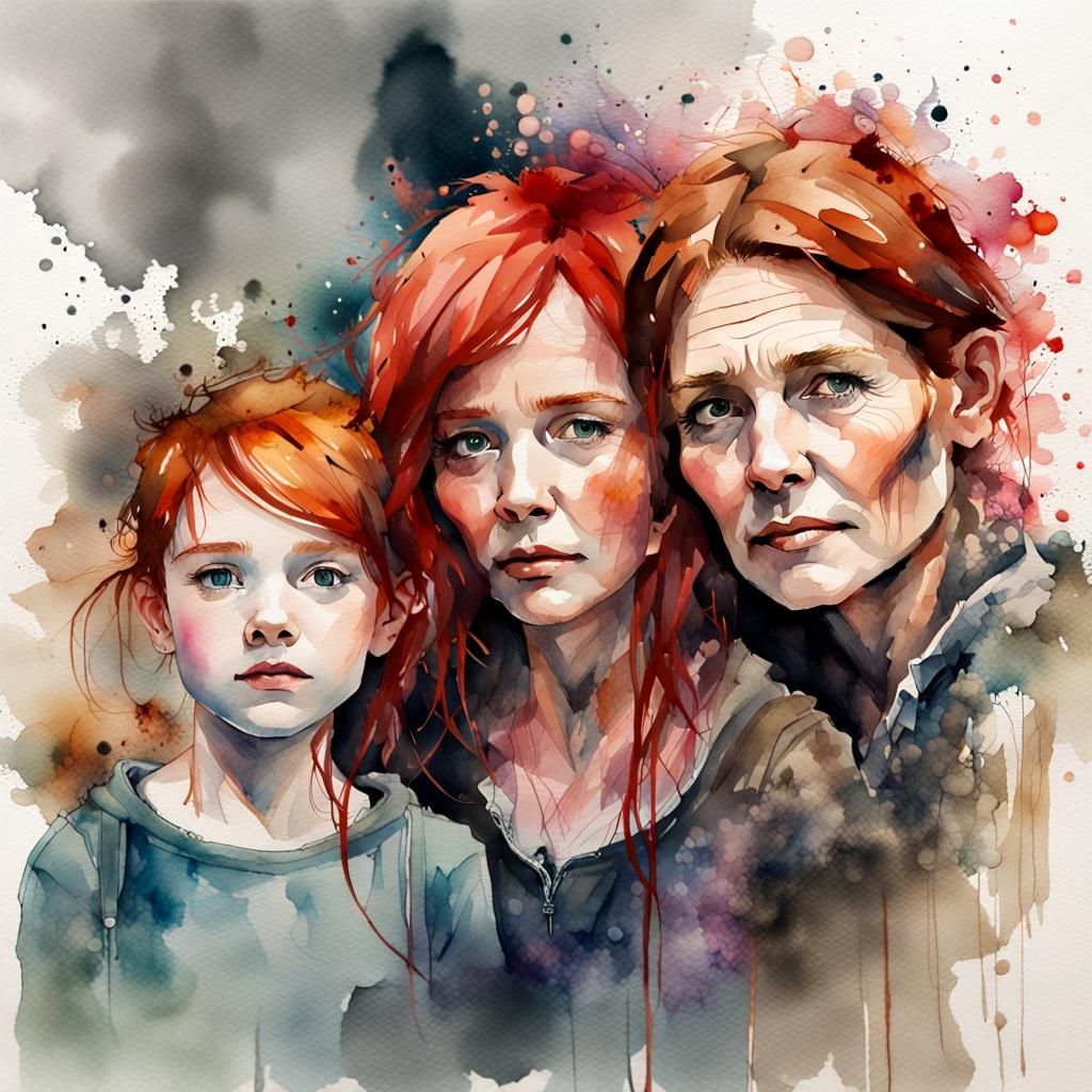 Watercolor Portrait of Three Generations of Women