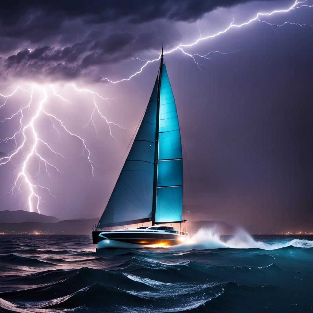 Futuristic Sailboat Amidst Lightning Storm