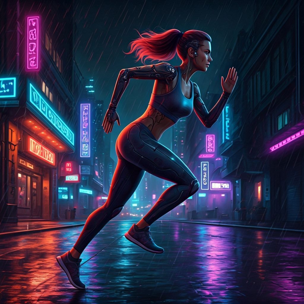 Cyberpunk Athlete Sprinting Through Neon Cityscape