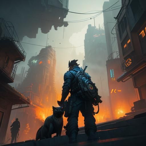 Dystopian Alley: Gunman and Cat in Cinematic Lighting