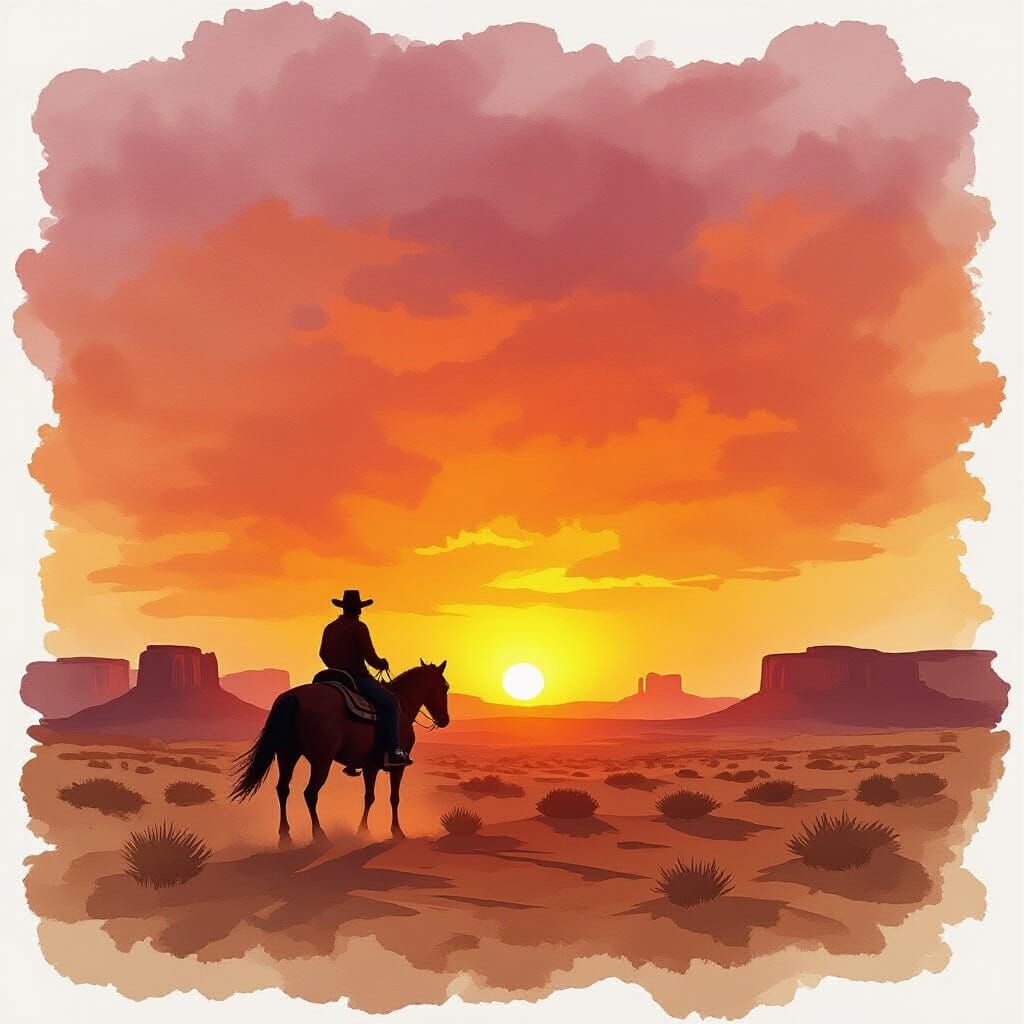 Lone Cowboy Rides into Fiery Sunset Desert Landscape