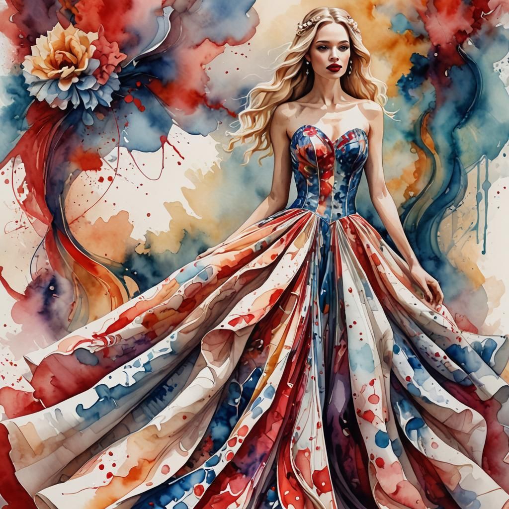 Girl in Watercolor Dress in Ballroom