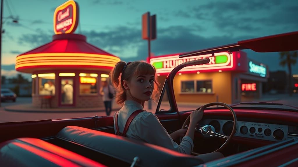 Vintage Woman Cruising at Dusk in Classic Car