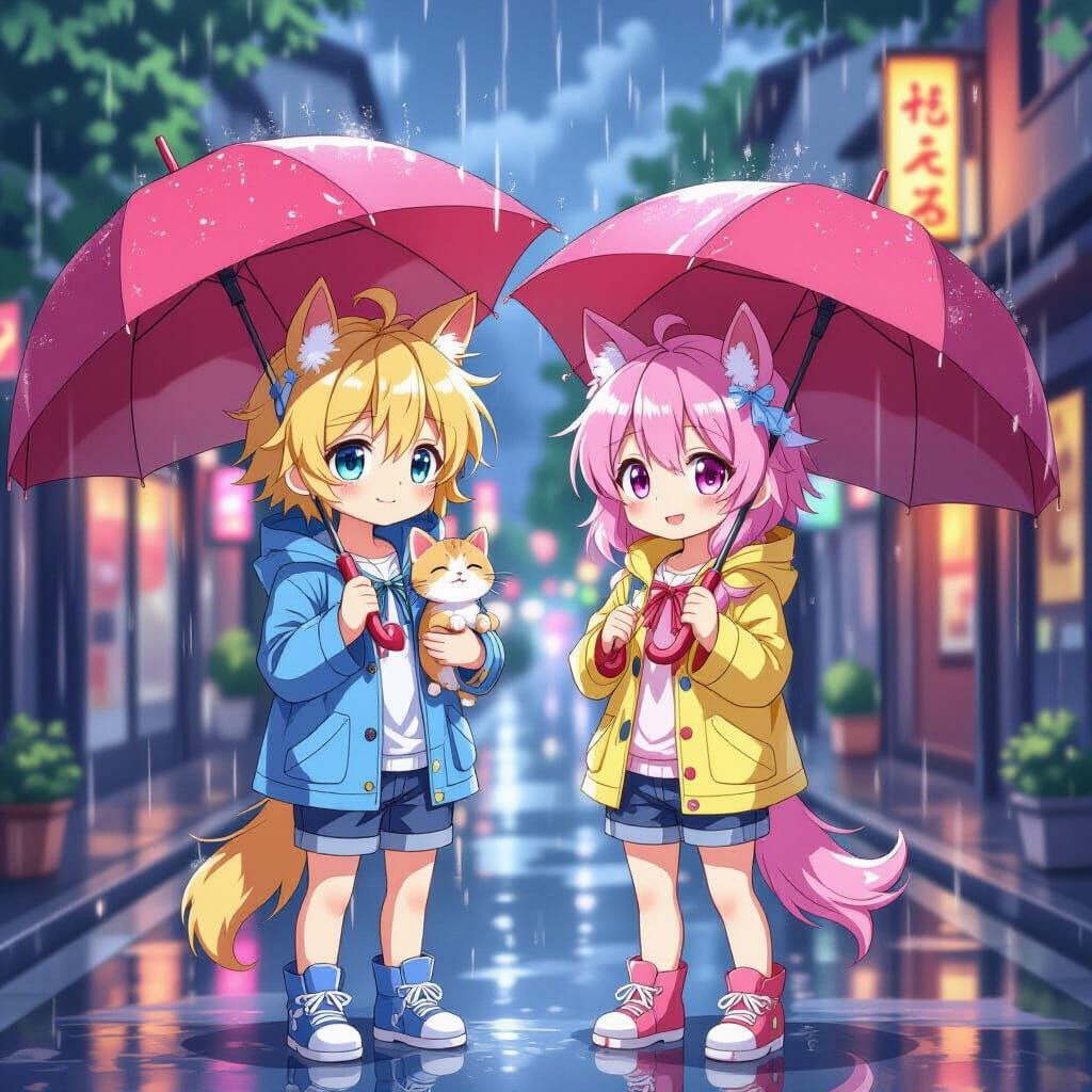 Anime Boys with Horse Ears in Rainy Manga Scene