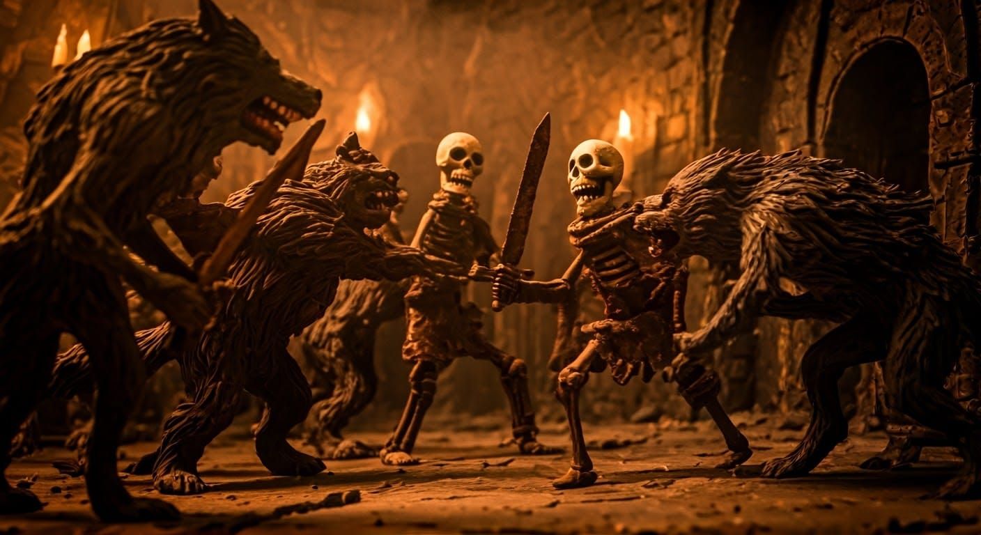 Claymation - Skeletons Sword Fighting Werewolves