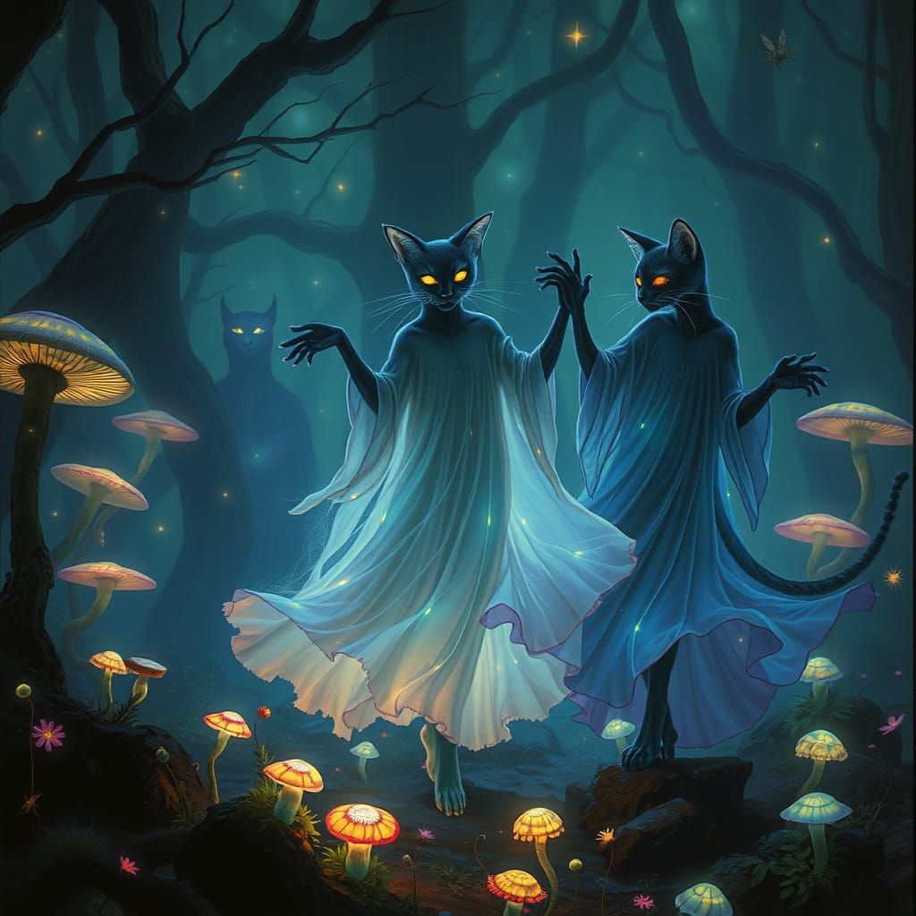 Bioluminescent Cats Dance in Ethereal Forest