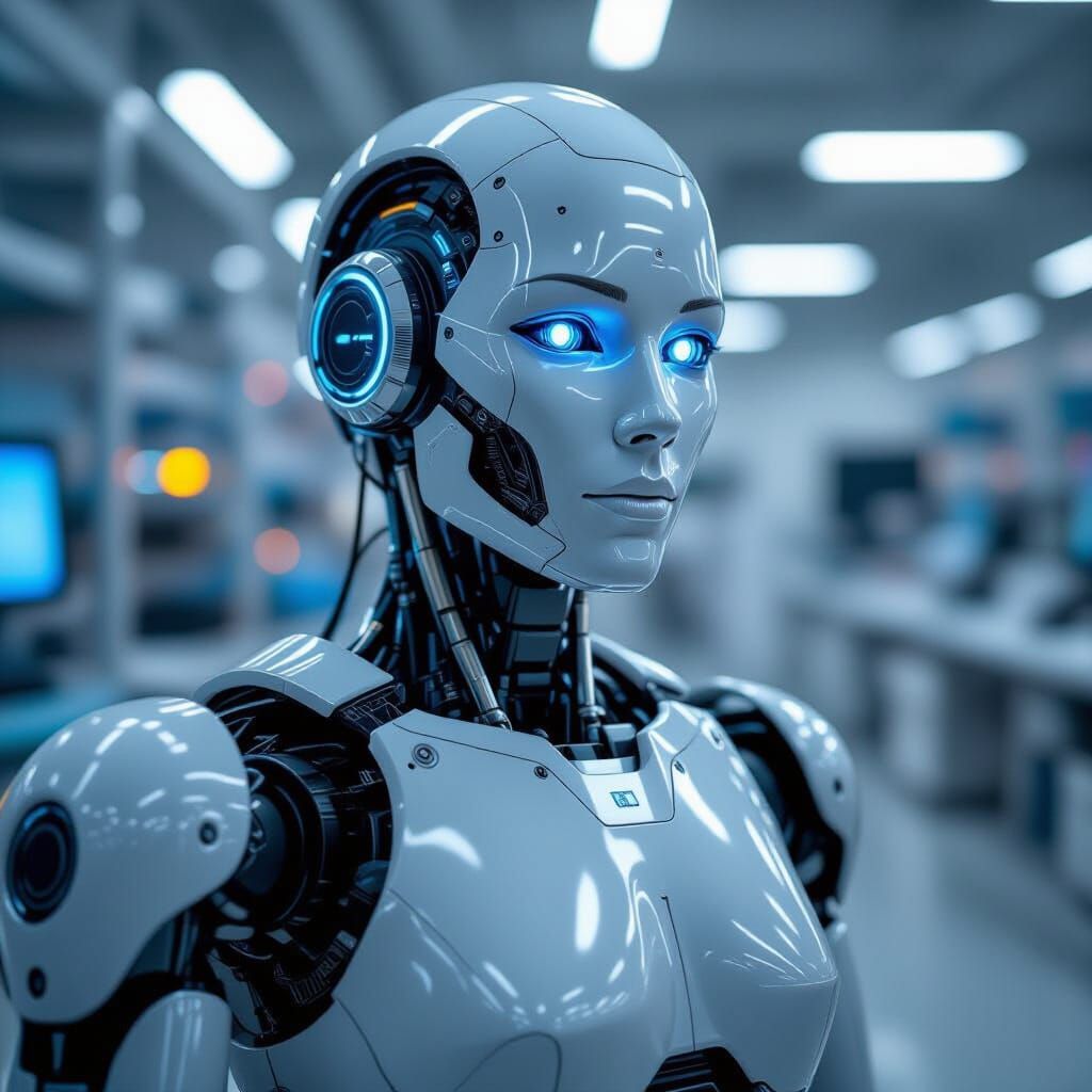 Sleek AI Robot in Modern Laboratory Setting