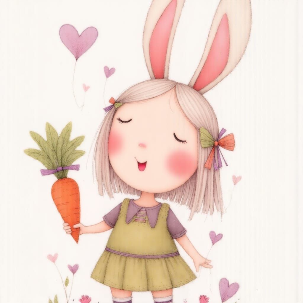 Cute Chibi Rabbit with Carrot, Kawaii Style