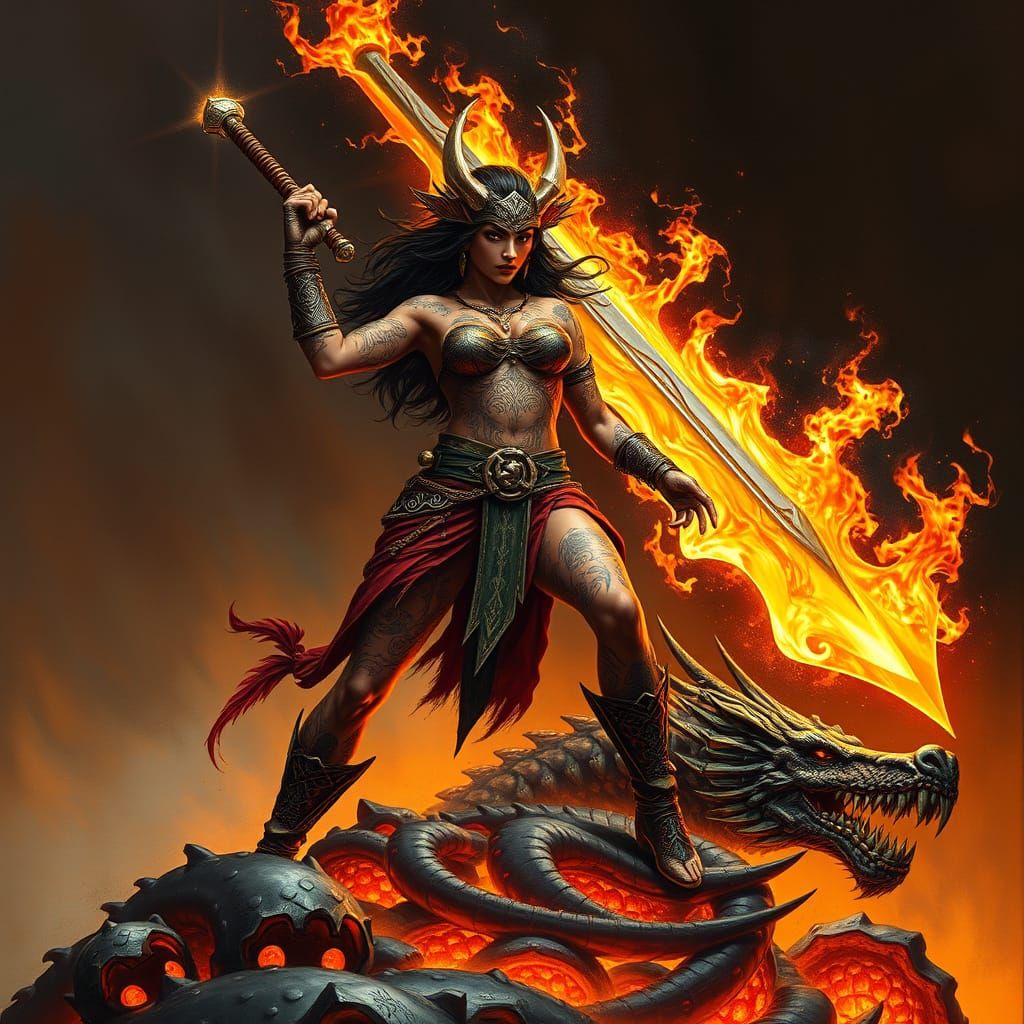 Fierce Tattooed Warrior Atop Dragon's Hoard in Epic Fantasy ...