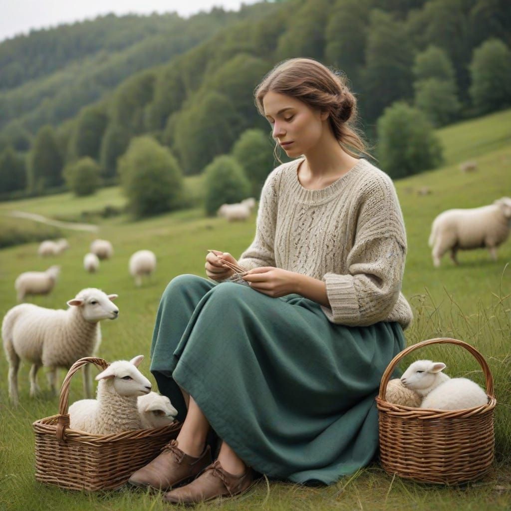 Whimsical Knitting in a Lush Meadow Landscape