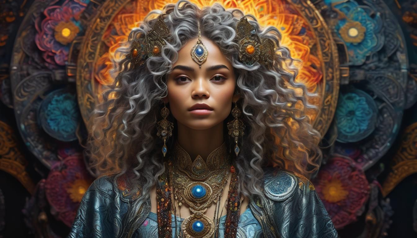 Ornate Sorceress Against Mandala in Digital Matte Painting