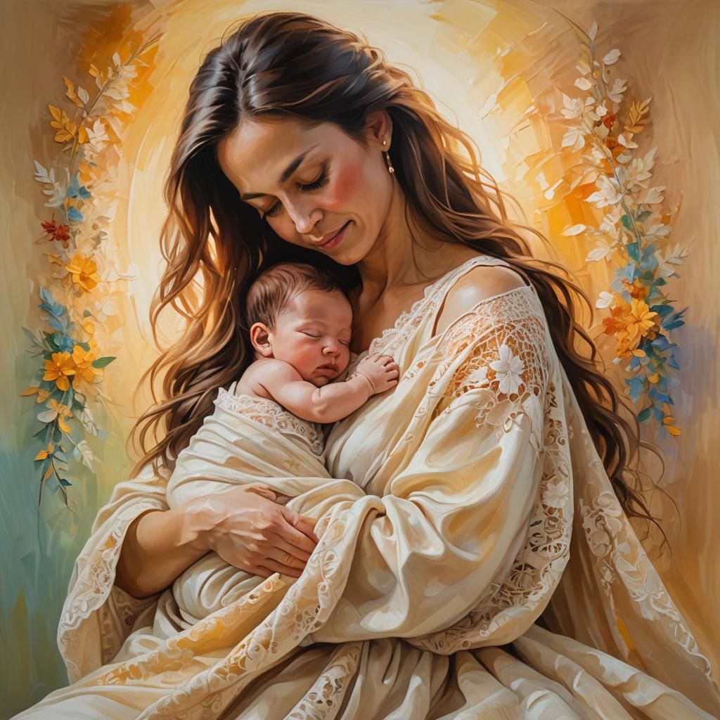 Loving Mother and Newborn in Oil Painting Style