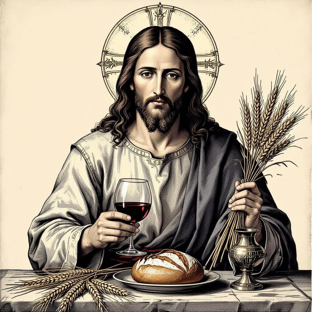 Jesus with Bread and Wine in Black and White Drawing