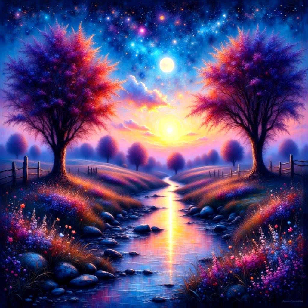Dreamy Nighttime Landscape in Vibrant Hues