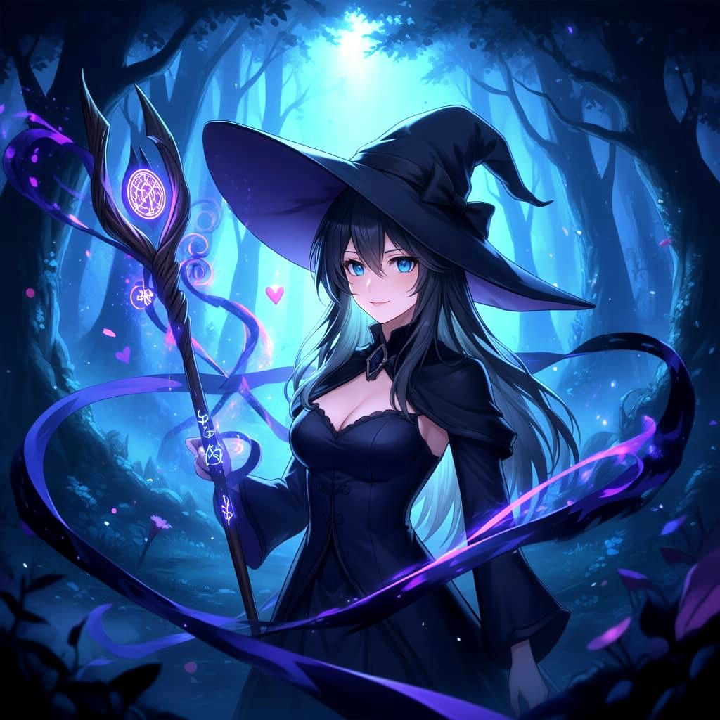 3d anime art. head and shoulders portrait. A witch casts a d...