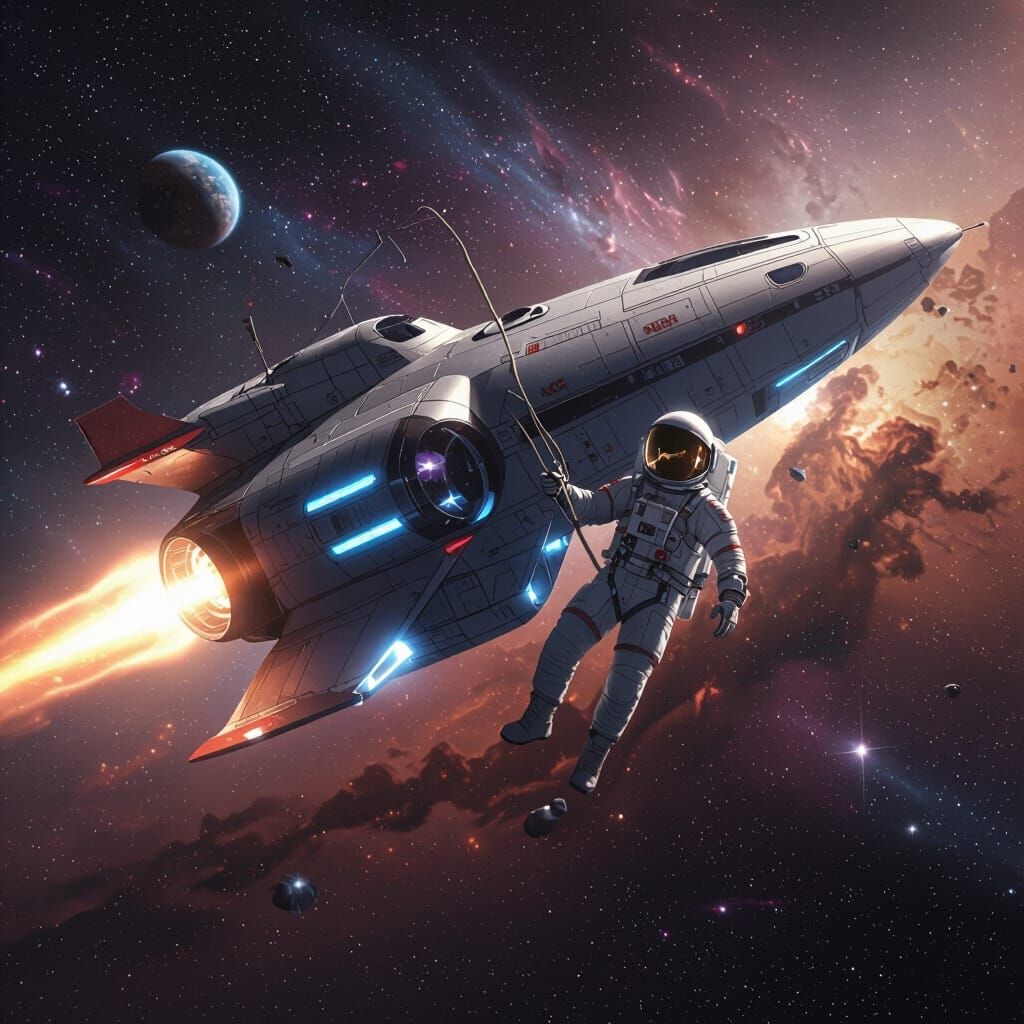 Astronaut Tethered to Spaceship in Colorful Space