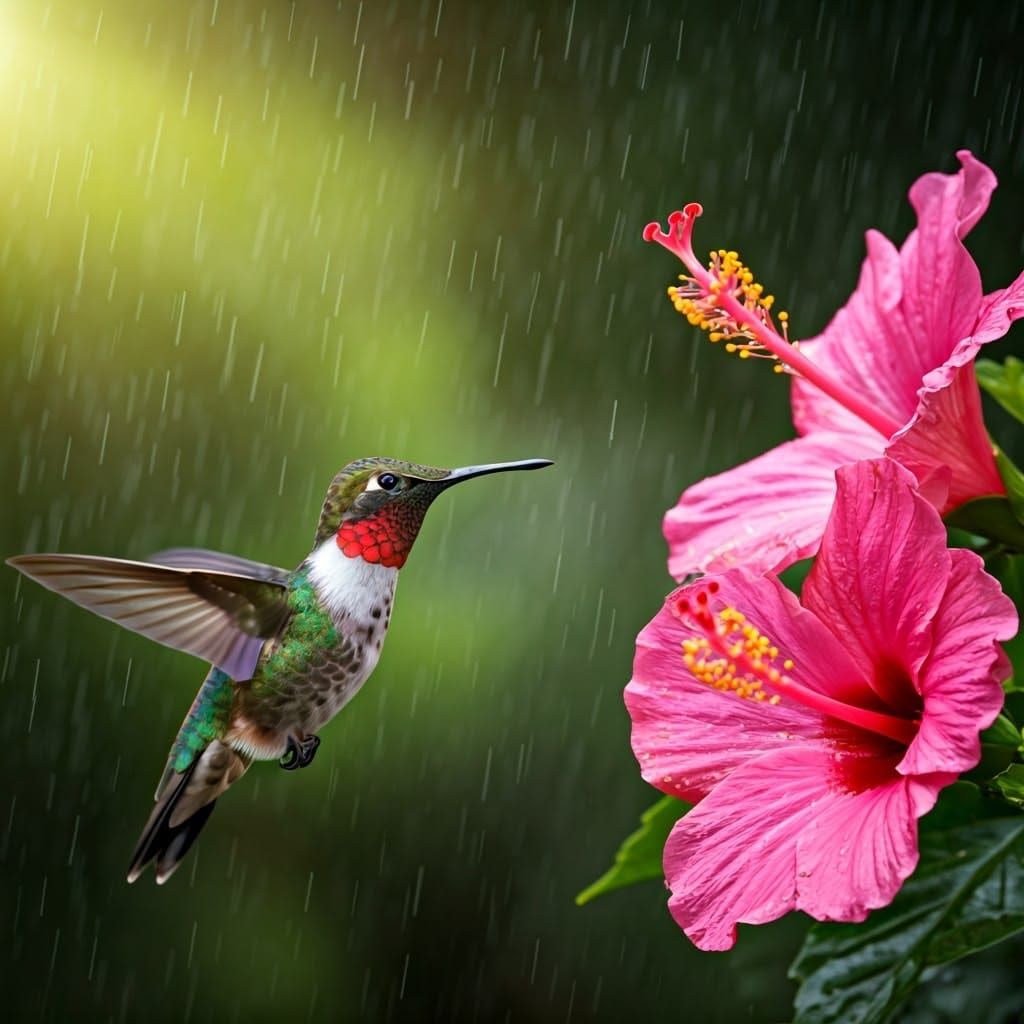 Hyper-Realistic Ruby-Throated Hummingbird in Tropical Paradi...