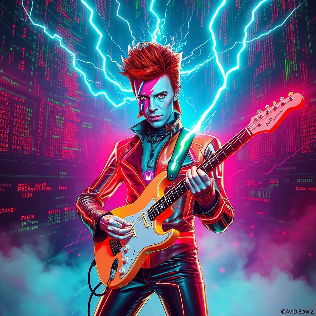 David Bowie as The Glitch God of The Internet, lighting leap...