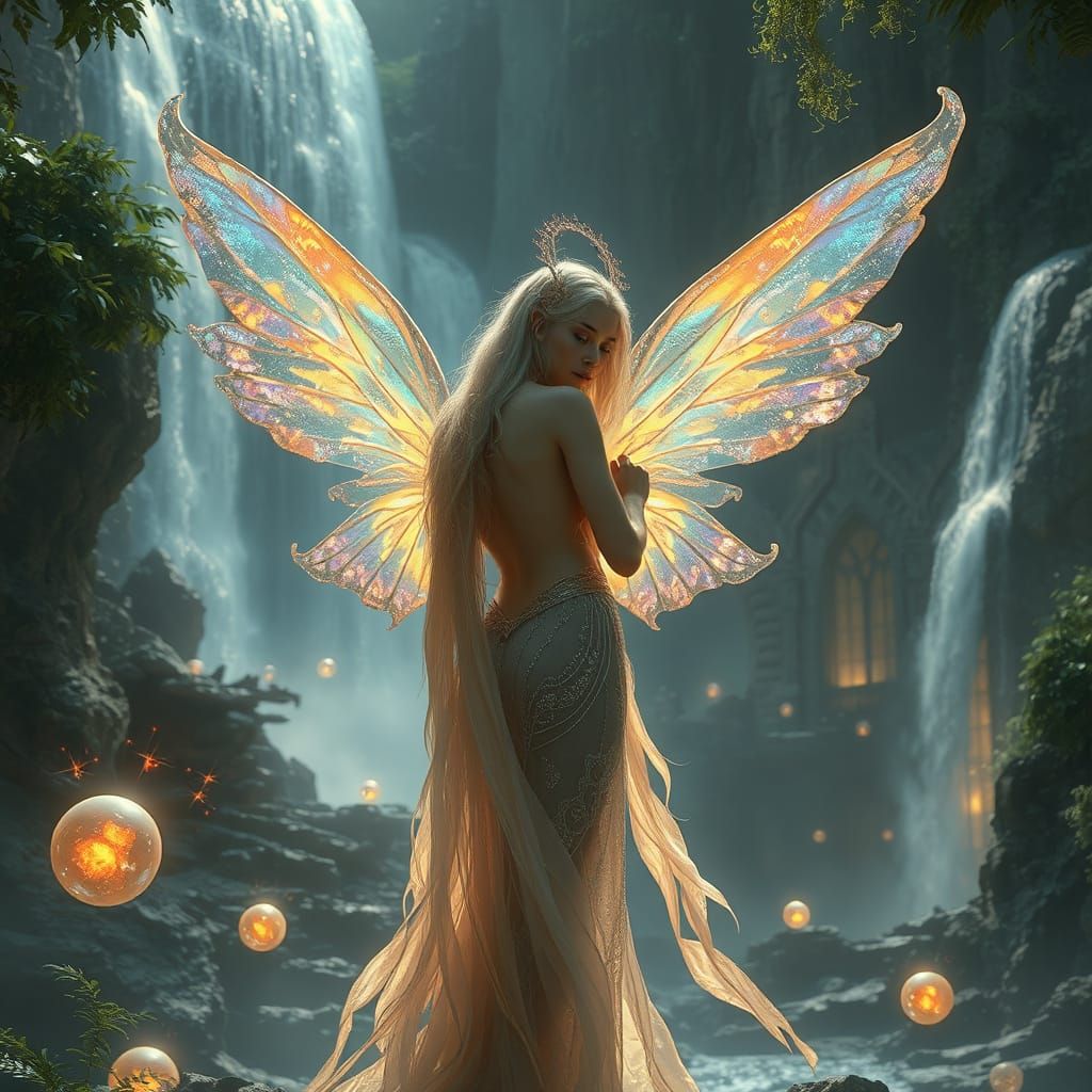 Ethereal Goddess Amidst Ancient Ruins and Shimmering Waterfa...