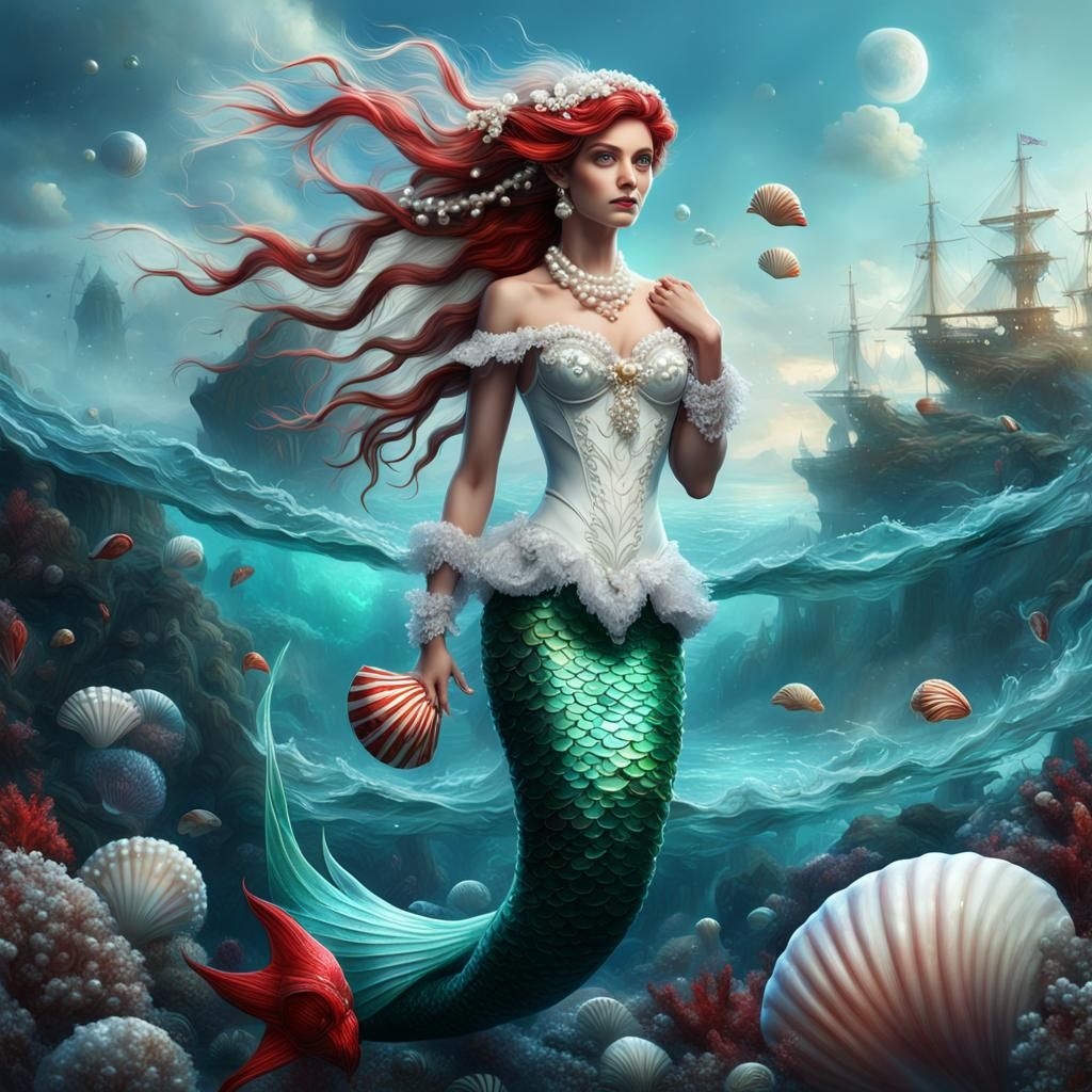 Red and White Mermaid with Green Eyes