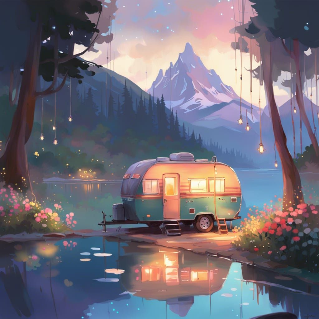 Cozy Lakeside Camper at Dusk in Digital Art Style