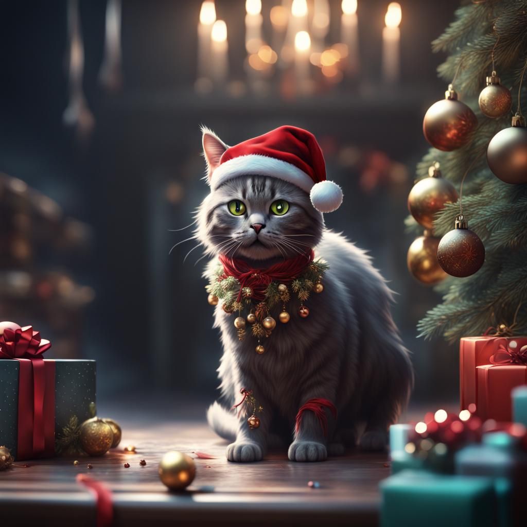 Festive Christmas Cat in Detailed Matte Painting