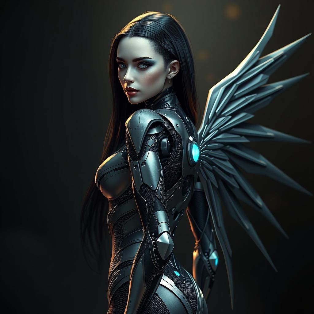 Futuristic Android Woman with Carbon Armor and Wings