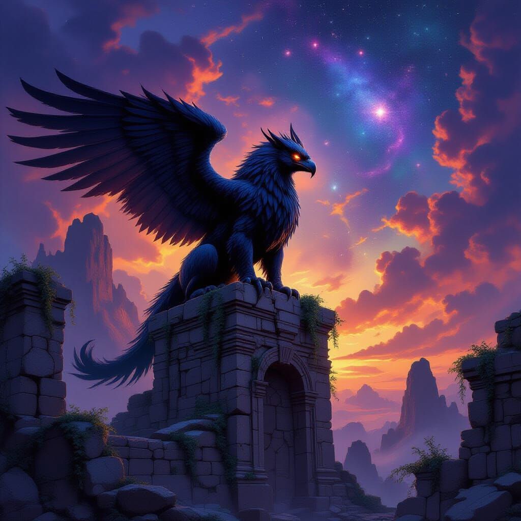 Ancient Griffin on Ruins Under Cosmic Sky