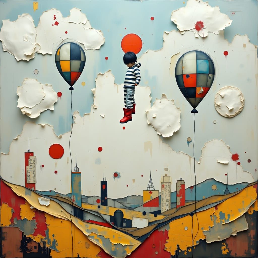 Dreaming Boy and Cat Float Above Paper City