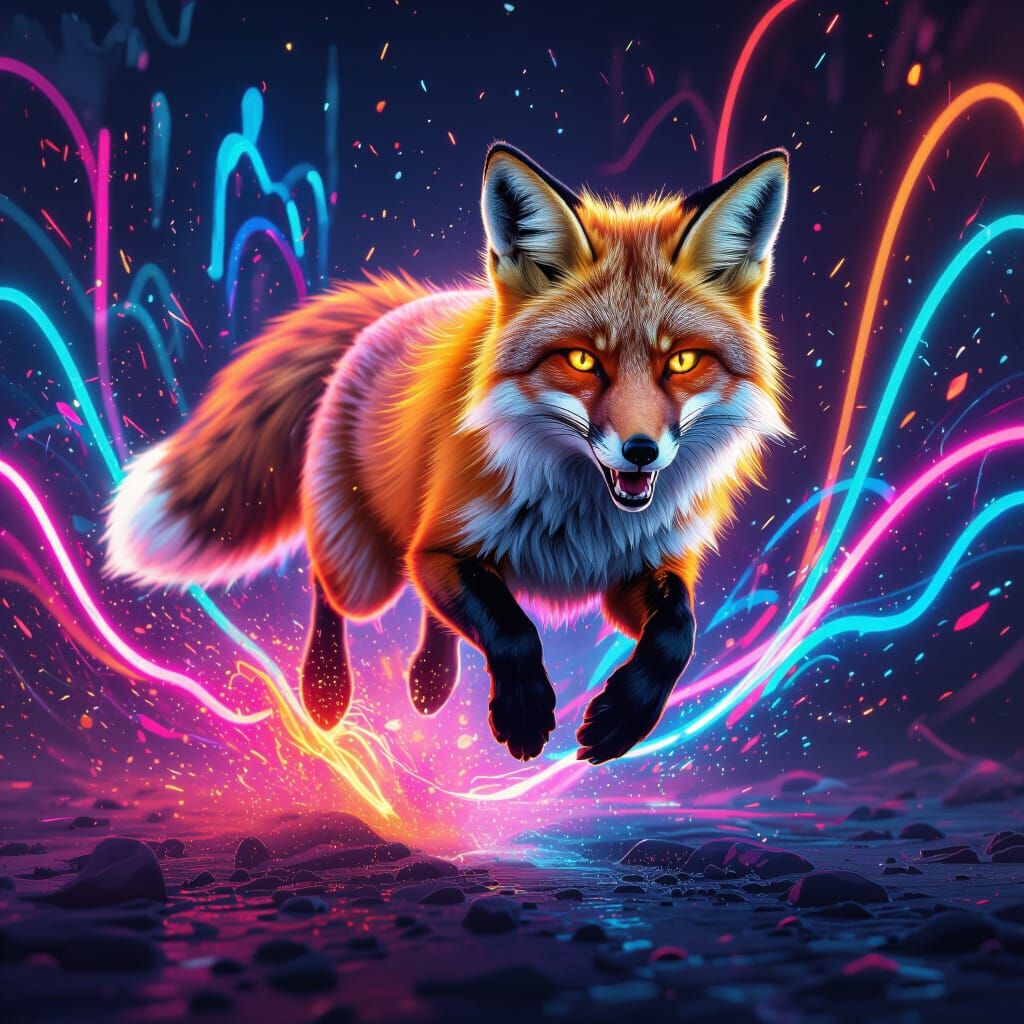Majestic Fox Leaping in Neon Energy, Digital Art