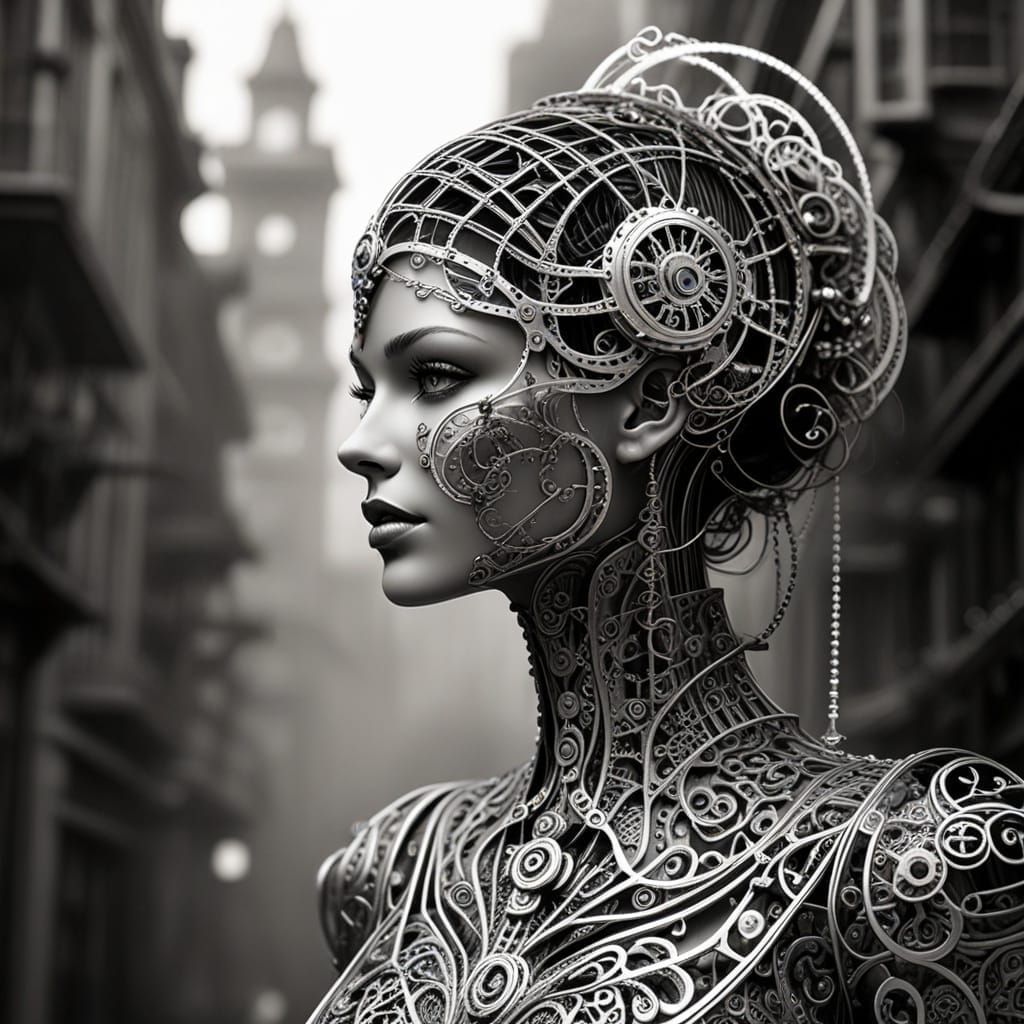 Filigree Steampunk Figures in a Misty City