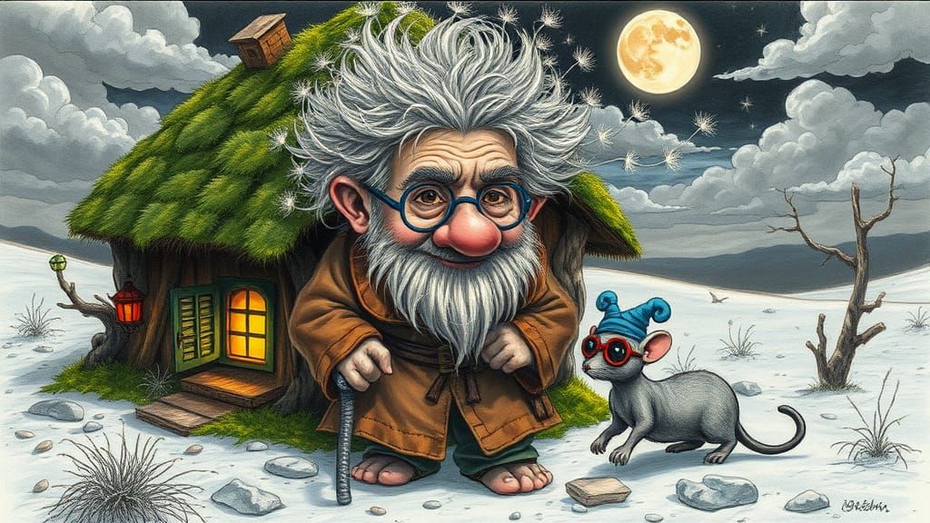 Whimsical Elderly Dwarf in Delicate Colored Pencil Sketch St...