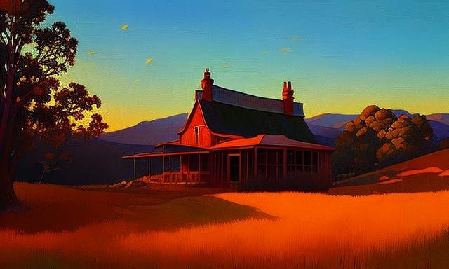 Majestic Farmhouse: Whimsical Digital Painting in Art Deco S...
