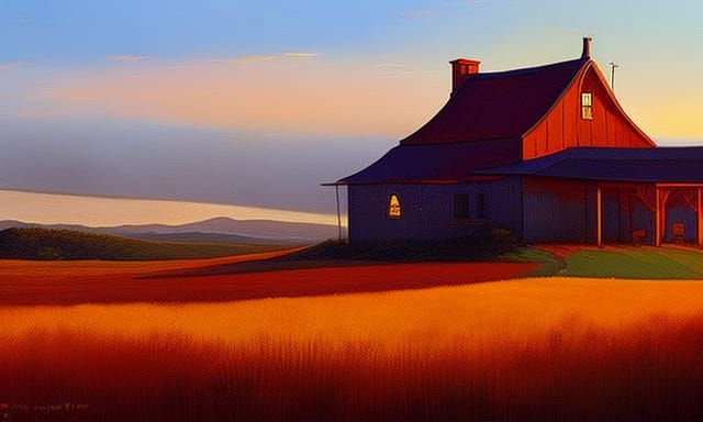 Majestic Farmhouse on Hill in Retro Art Style