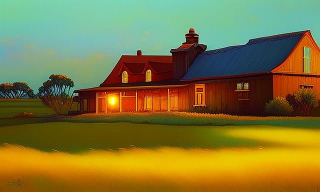 Majestic Farmhouse Sunset: Whimsical Digital Painting