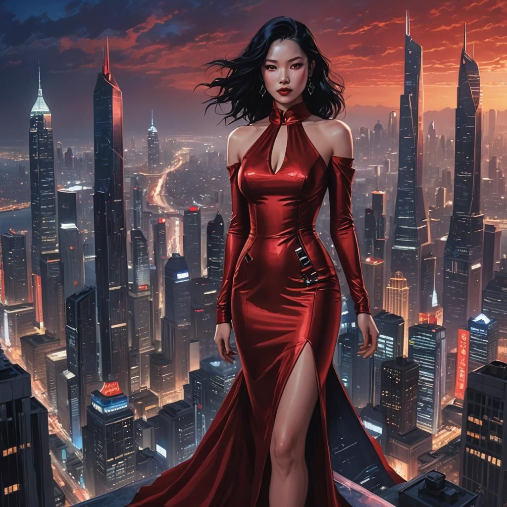 Woman in Red Gown Poses in Futuristic Cityscape