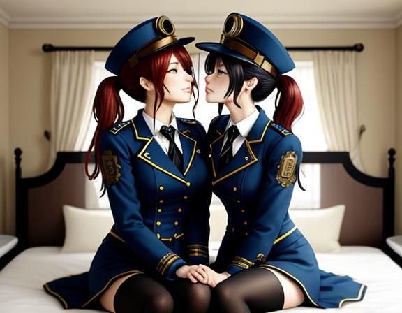 Steampunk Anime Twins Kissing in Bedroom