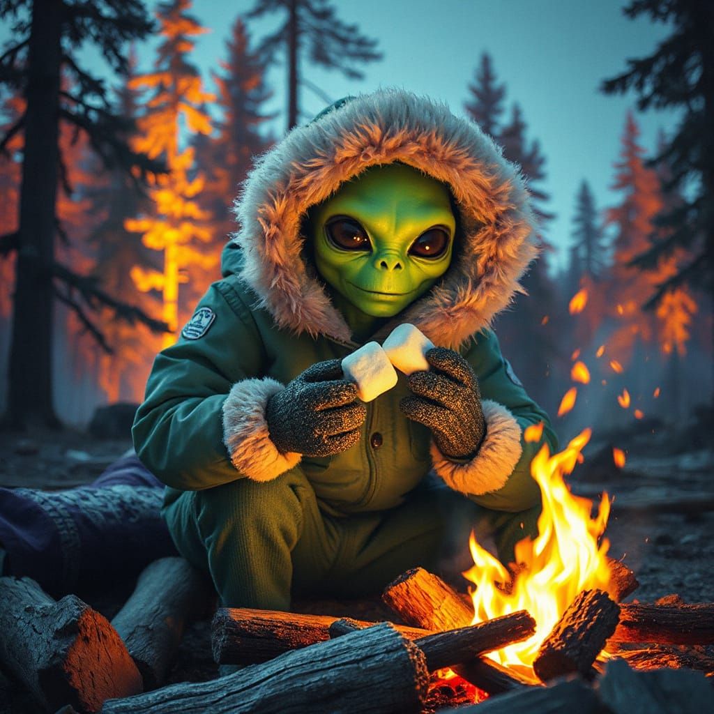 Neon Alien Roasting Smores in Glowing Forest