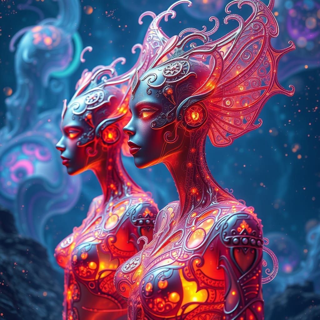 Iridescent Astral Hybrid Beings in Visionary Art Style