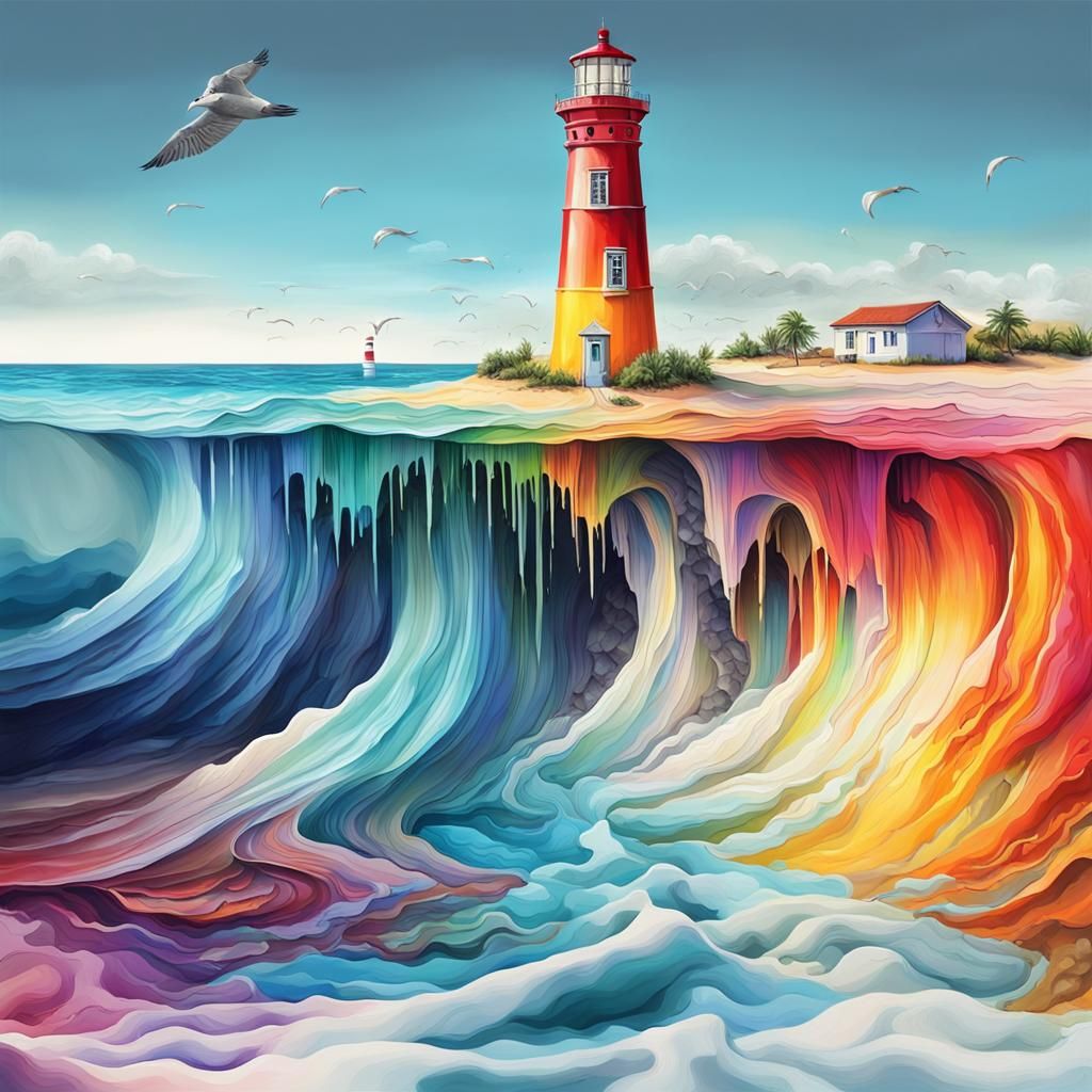 Colorful Lighthouse Emerges from Distorted Reality