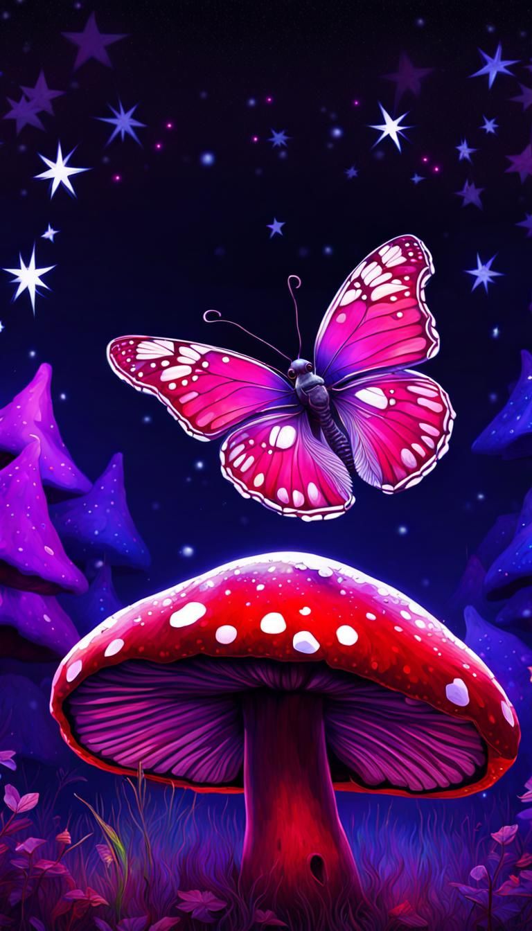 Neon Butterfly on Mushroom, Digital Painting