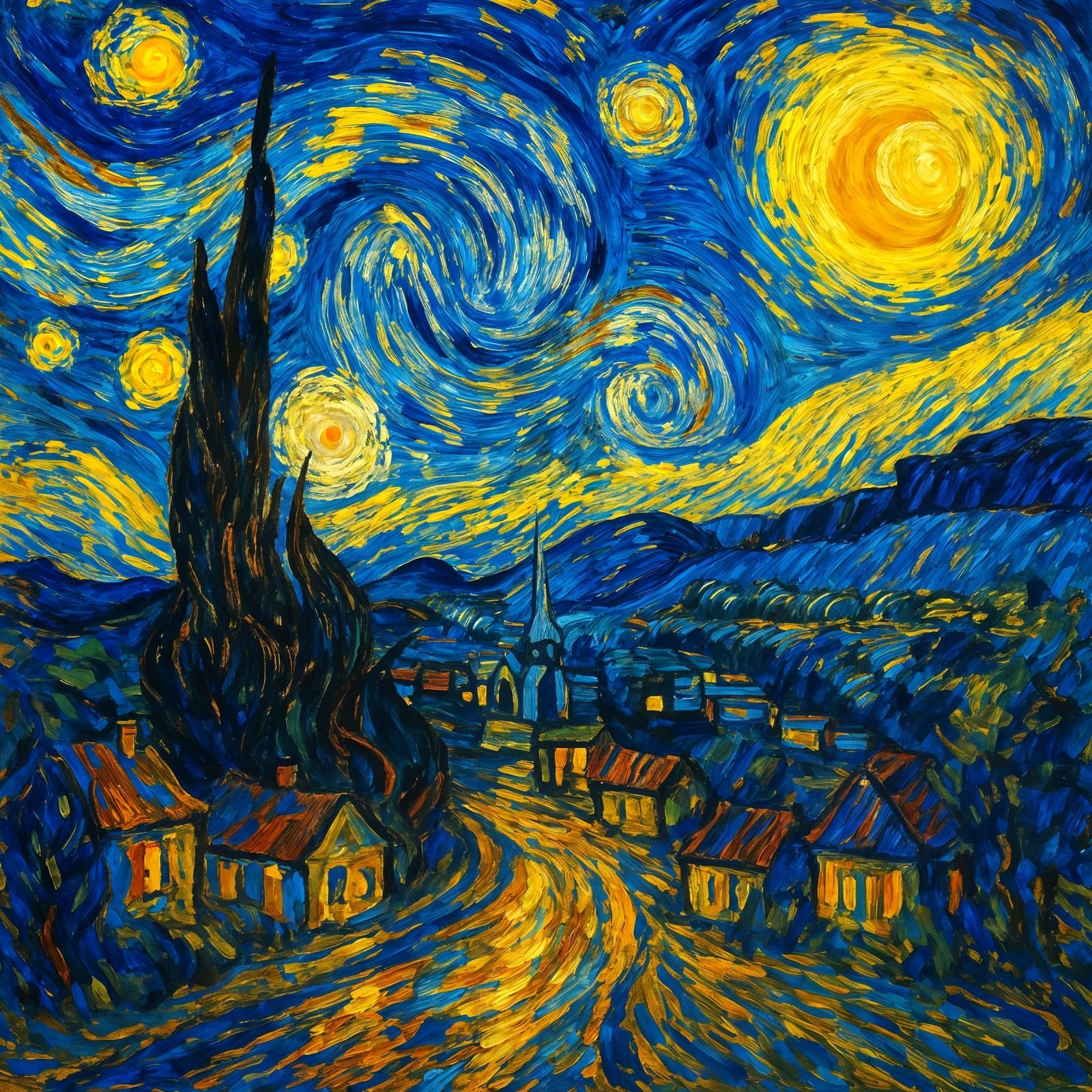 Village Under Swirling Starry Sky: Impasto Painting