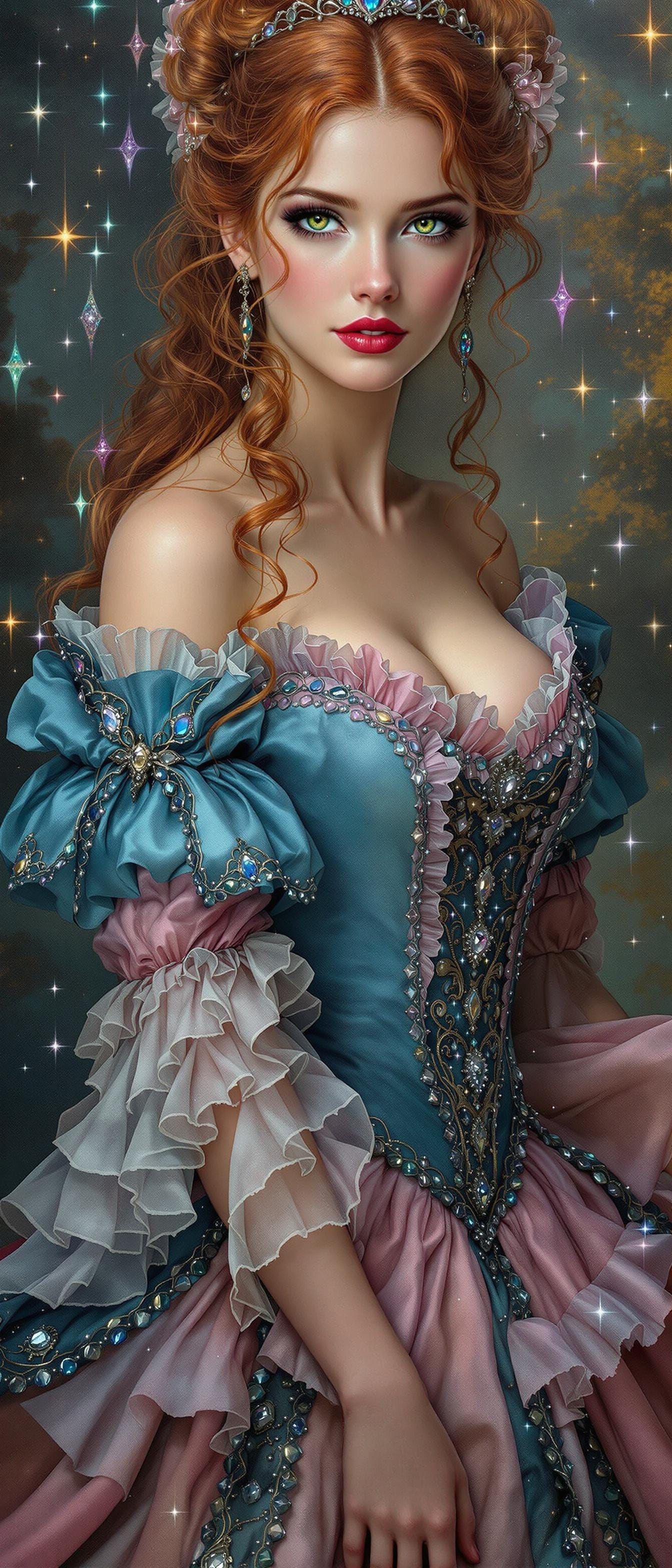Regency Lady in Opulent Gown with Starlight Opals