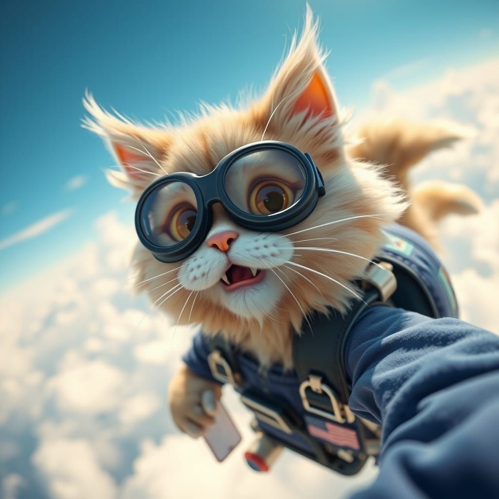 Skydiving Persian Cat Selfie in Claymation Style