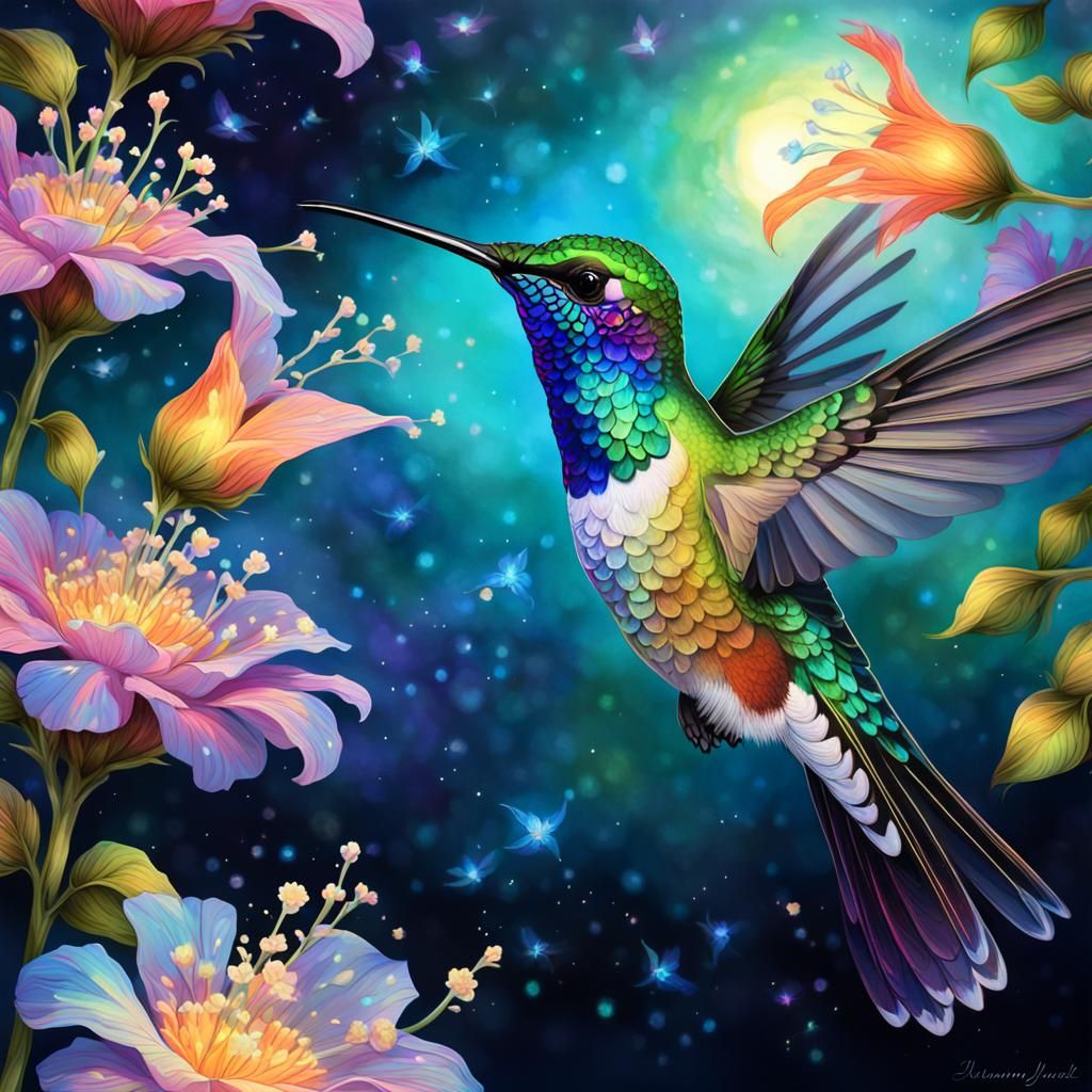 Celestial Hummingbird Sipping Nectar in Moonlight