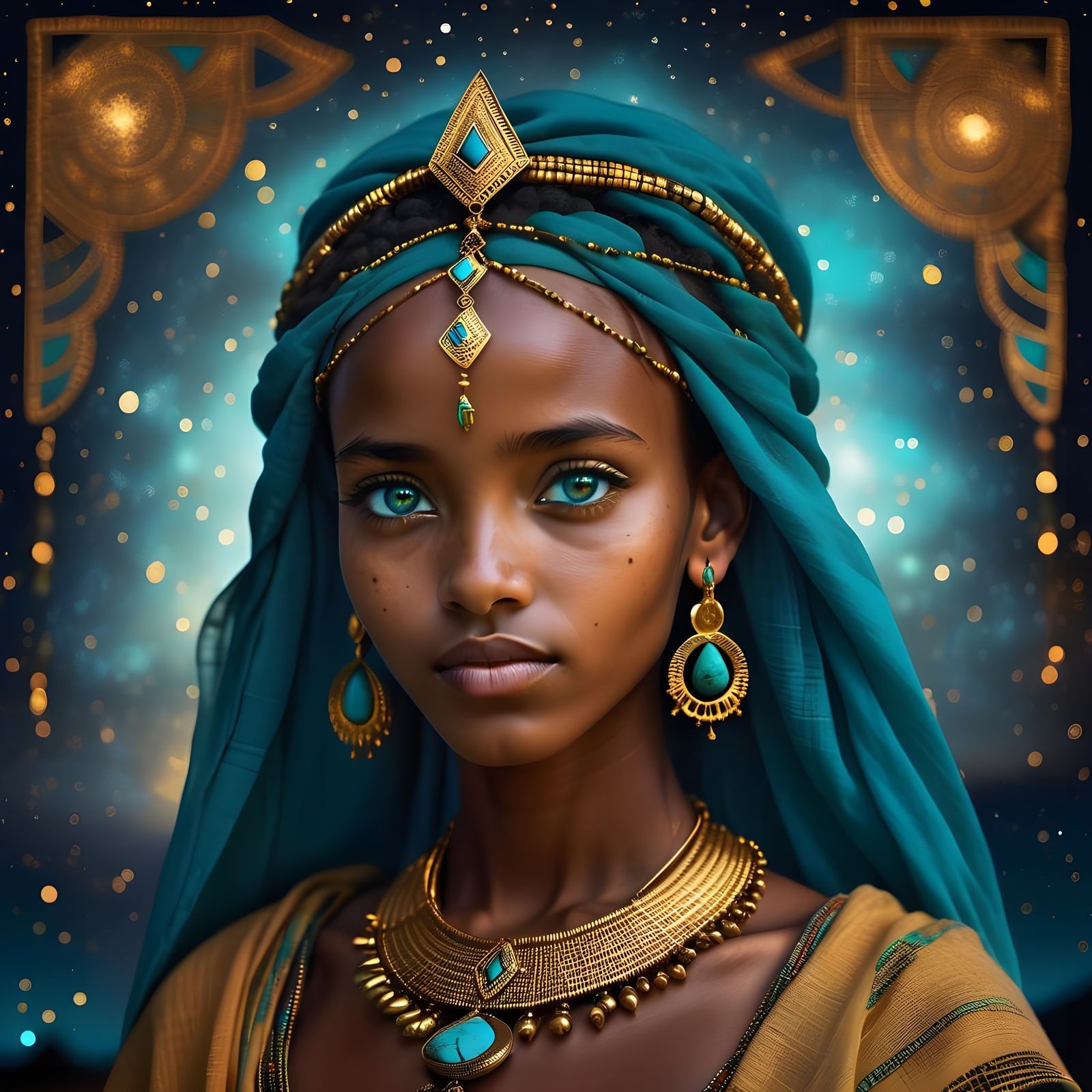 Gorgeous Ethiopian Princess with Turquoise Eyes and Gold Jew...