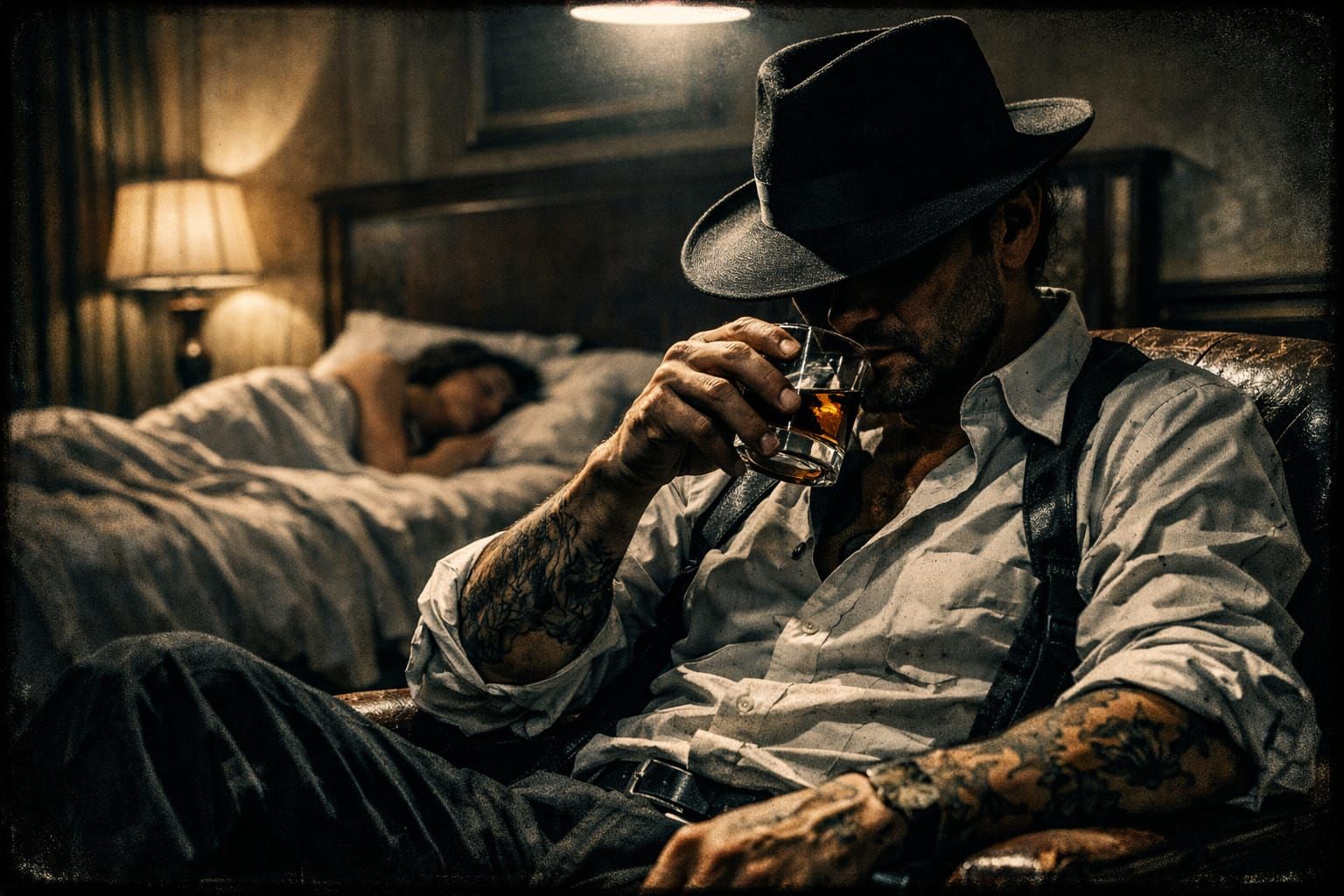 Noir Investigator in Shadowy Hotel Room