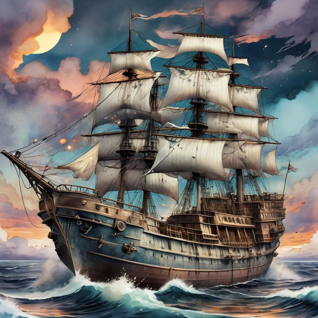 Heavenly Steam Ship at Stormy Sunset: Watercolor Art