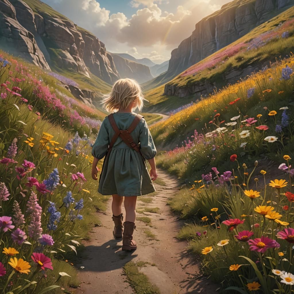 Girl Walks Through Wildflower Field at Golden Hour