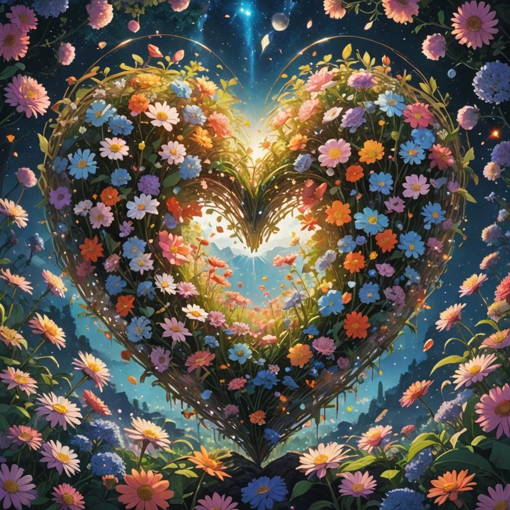 Holographic Heart of Flowers: Anime-Inspired Cosmic Art